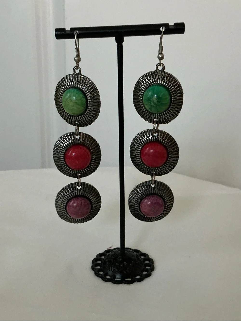 Triple Drop Disc Earrings with Green, Red & Purple Stones